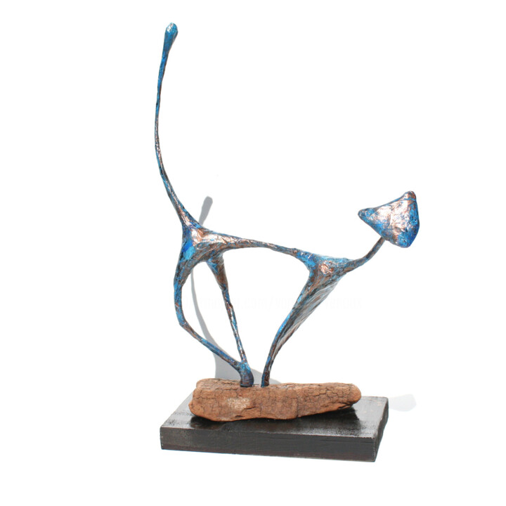 Sculpture petit chat curieux, patine bleu bronze 雕塑, 12.6x8.7 in