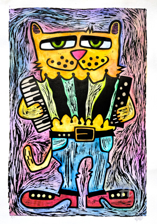 Сat with accordion, color #1 印花与版画, 15x11 in