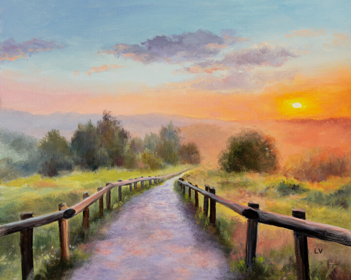 Painting titled "Peaceful rural path…" by Lucia Verdejo, Original Artwork, Oil Mounted on Wood Panel