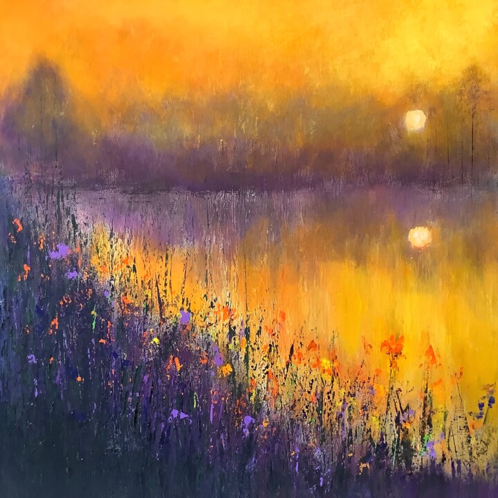 Peinture intitulée "Crépuscule au lac" par Anne Vignau, Œuvre d'art originale, Acrylique Monté sur Châssis en bois