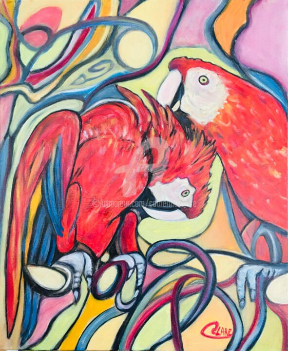 Aras rouges, couple 绘画, 28.7x23.6 in