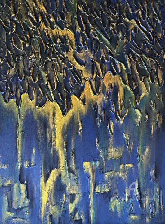 Golden Cascade. 3D Mixed Media Emotional Modern Art. 绘画, 24x18 in