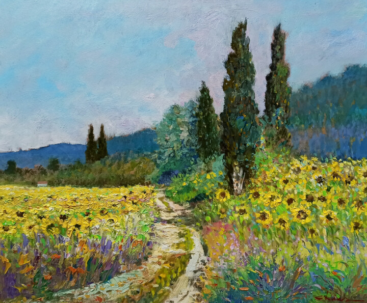 Painting titled "Landscape with sunf…" by Biagio Chiesi, Original Artwork, Oil Mounted on Wood Panel