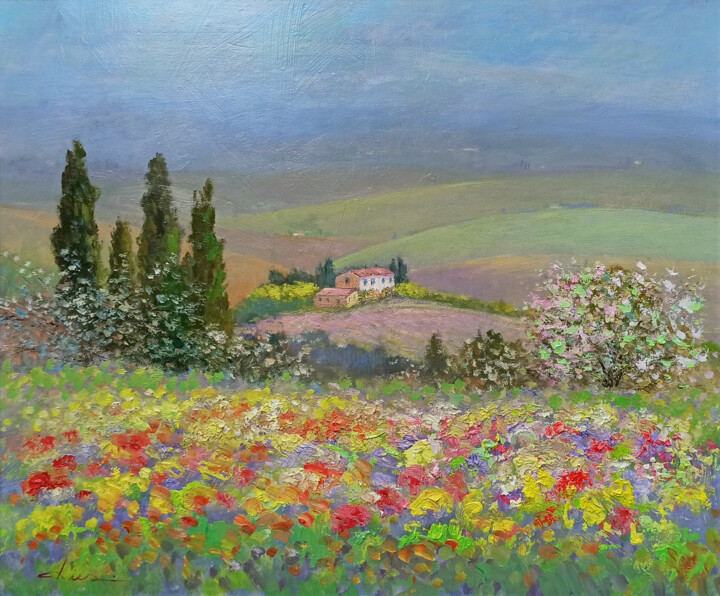 Painting titled "Landscape in the sp…" by Biagio Chiesi, Original Artwork, Oil Mounted on Wood Panel
