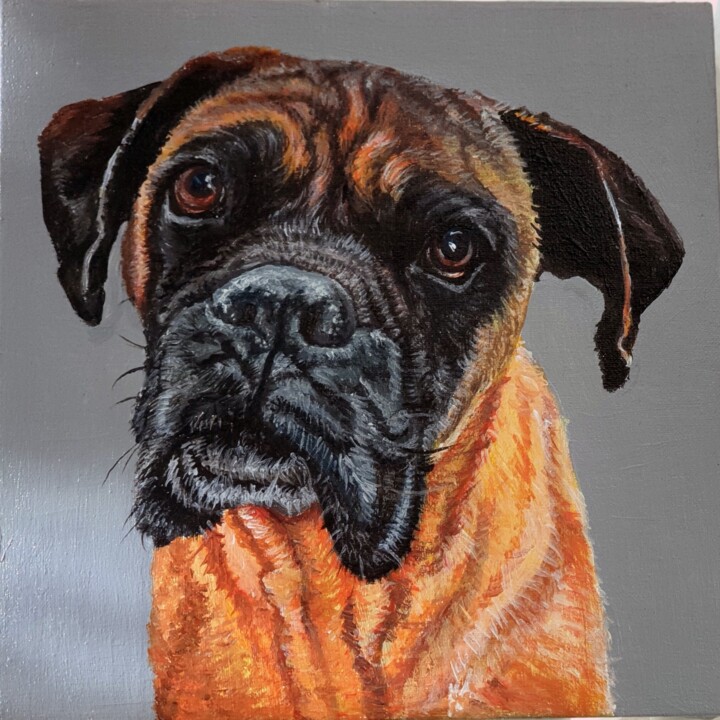Portrait of a dog breed boxer. 绘画, 3.9x3.9 in