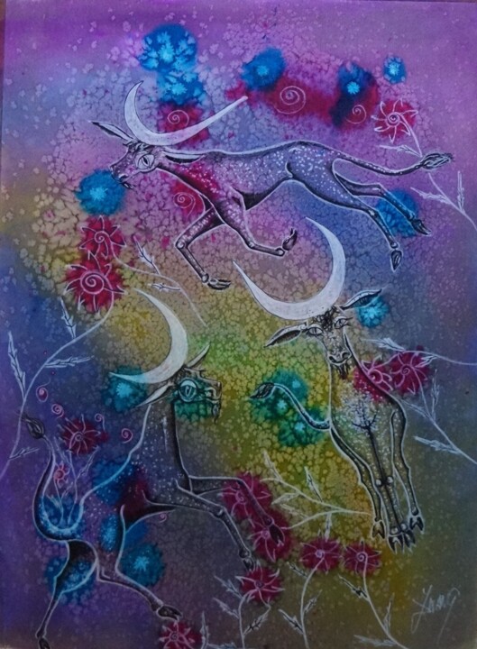 LES TROIS TAUREAUX 绘画, 27.6x21.7 in