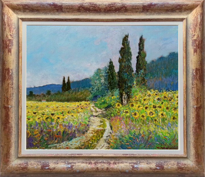 Painting titled "Landscape with sunf…" by Biagio Chiesi, Original Artwork, Oil Mounted on Wood Panel