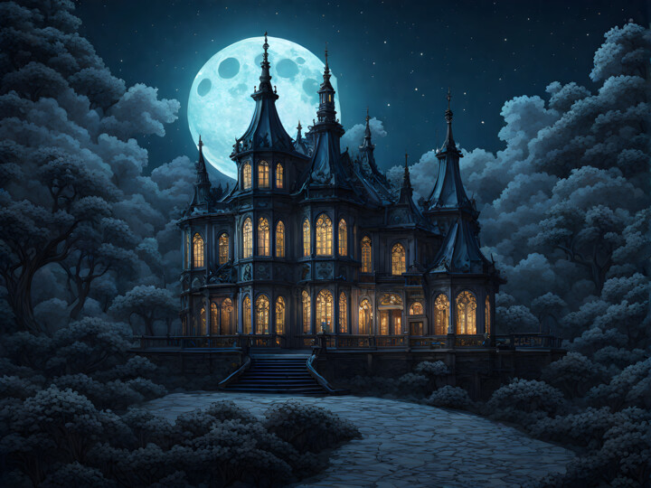 Digital Arts titled "Manoir Éclairé" by Frraincky, Original Artwork, AI generated image