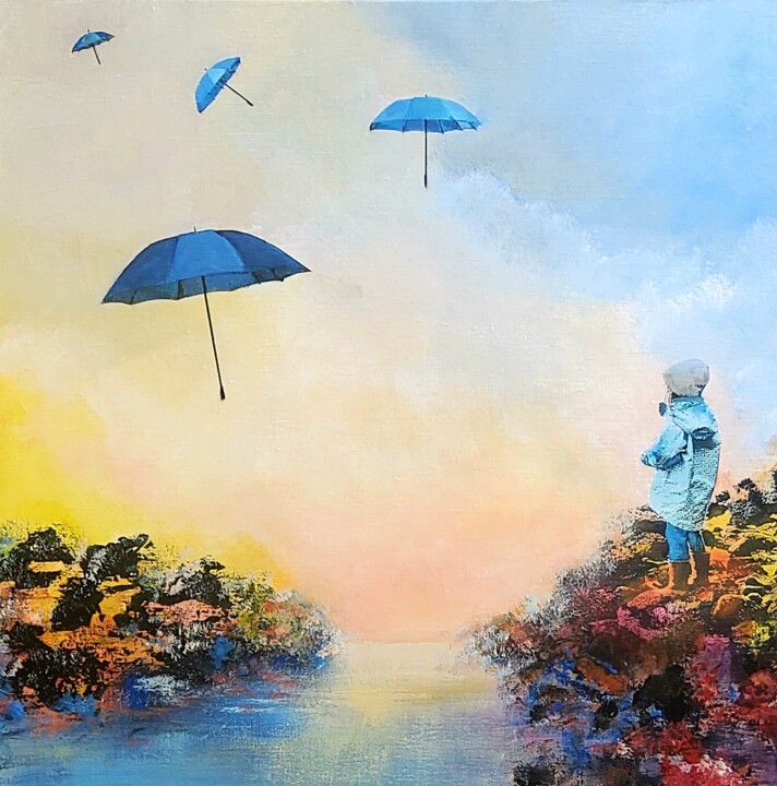 Painting titled "The girl on the ban…" by Hanneke Pereboom, Original Artwork, Acrylic Mounted on Wood Stretcher frame