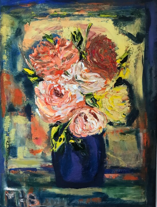 Peinture intitulée "Bouquet de roses" par Maria Helena De  Macedo  Benier, Œuvre d'art originale, Huile Monté sur artwork_ca…