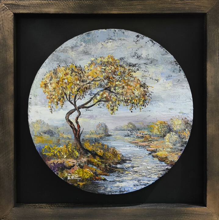 Schilderij getiteld "Golden Solitude" door Arto Mkrtchyan, Origineel Kunstwerk, Olie Gemonteerd op Frame voor houten brancard