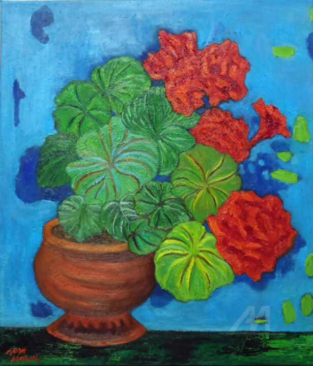 Vibrant Geraniums in Terracotta PotㅡA Burst of Nature's Eleg 绘画, 20.9x17.9 in
