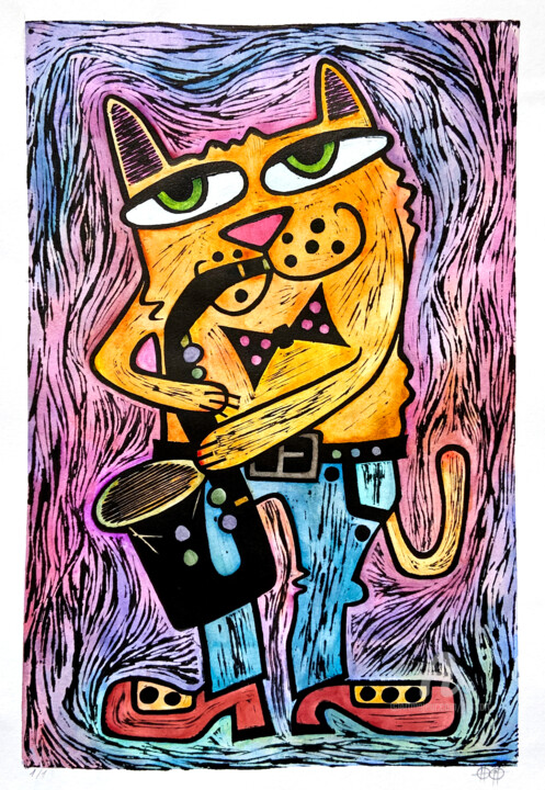 Сat with saxophone, color #1 印花与版画, 15x11 in