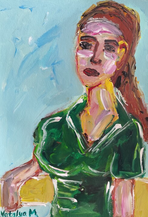 Woman in a green dress 绘画, 16.5x11.7 in