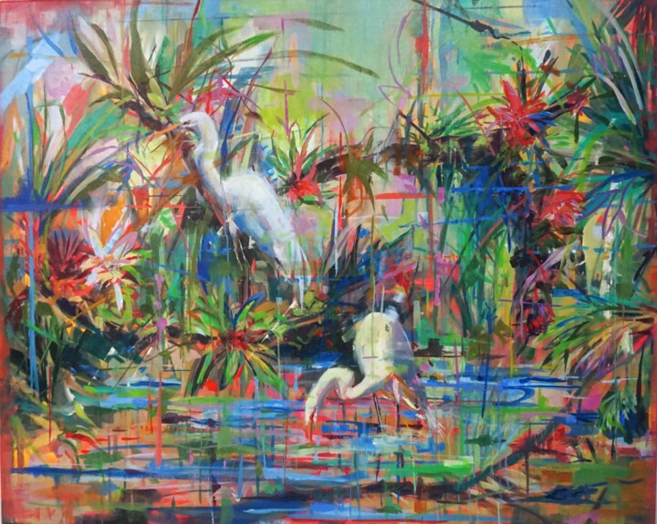 Painting titled "Aves en el lago" by Amaya F Fariza, Original Artwork, Oil Mounted on Wood Stretcher frame