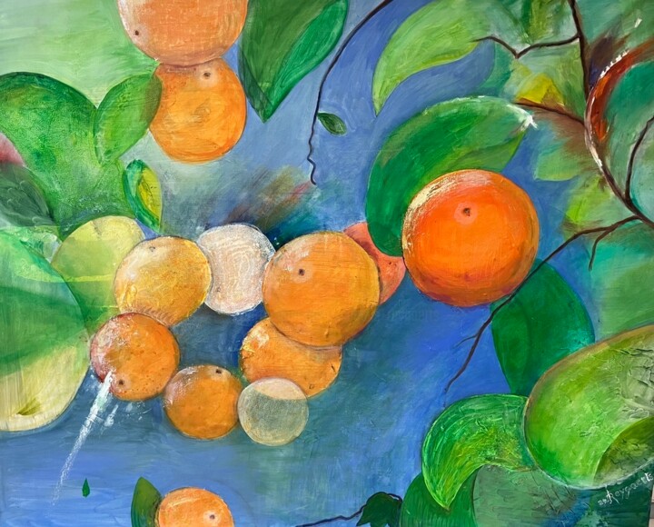 Painting titled "oranges pressées" by Isabelle Reygaerts, Original Artwork, Oil Mounted on Wood Stretcher frame