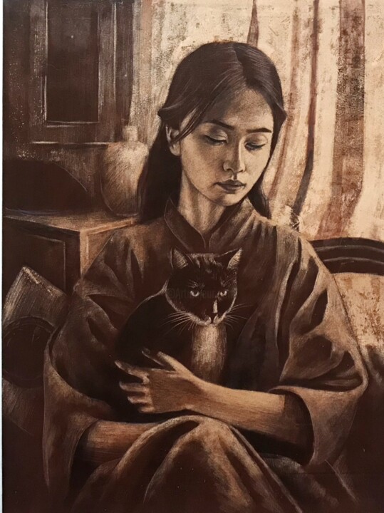 抱着猫咪的女人 绘画, 17.7x13.8 in