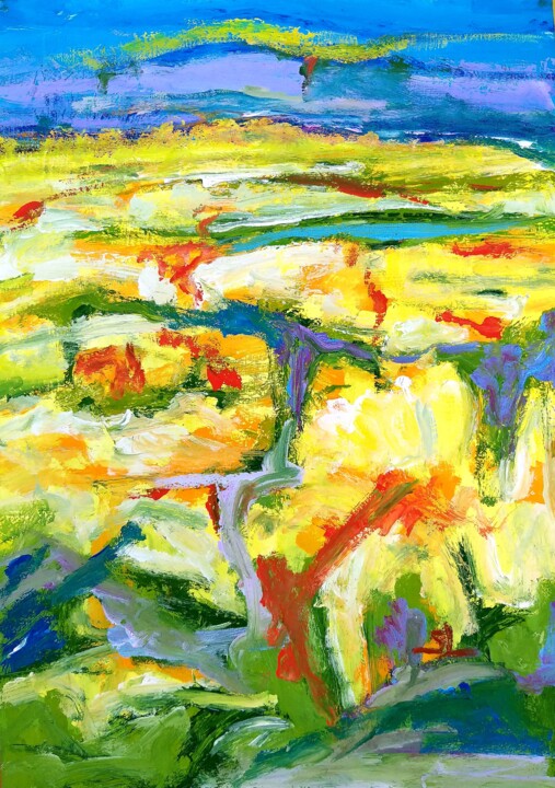 Champs de Blé Dorée - abstrait jaune orange bleu Tablo, 12,8x9,1 in