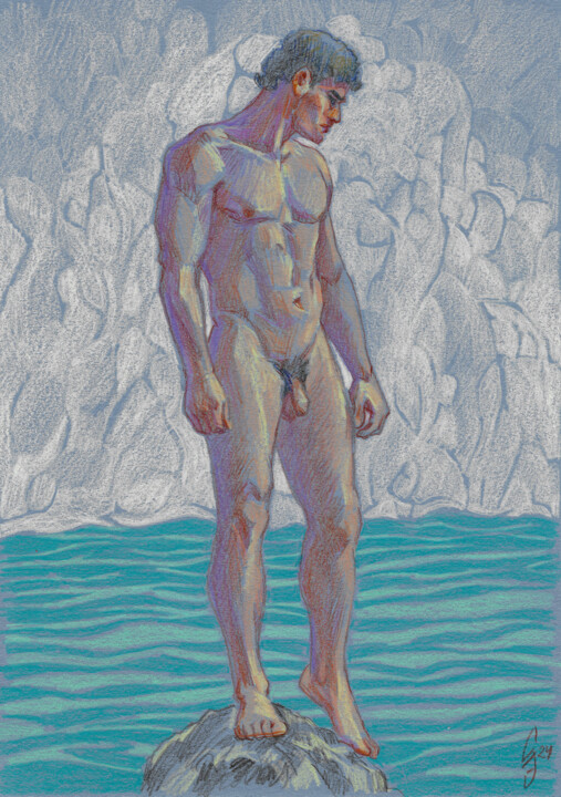 Dessin intitulée "Standing on a stone" par Sergey Sovkov, Œuvre d'art originale, Conté
