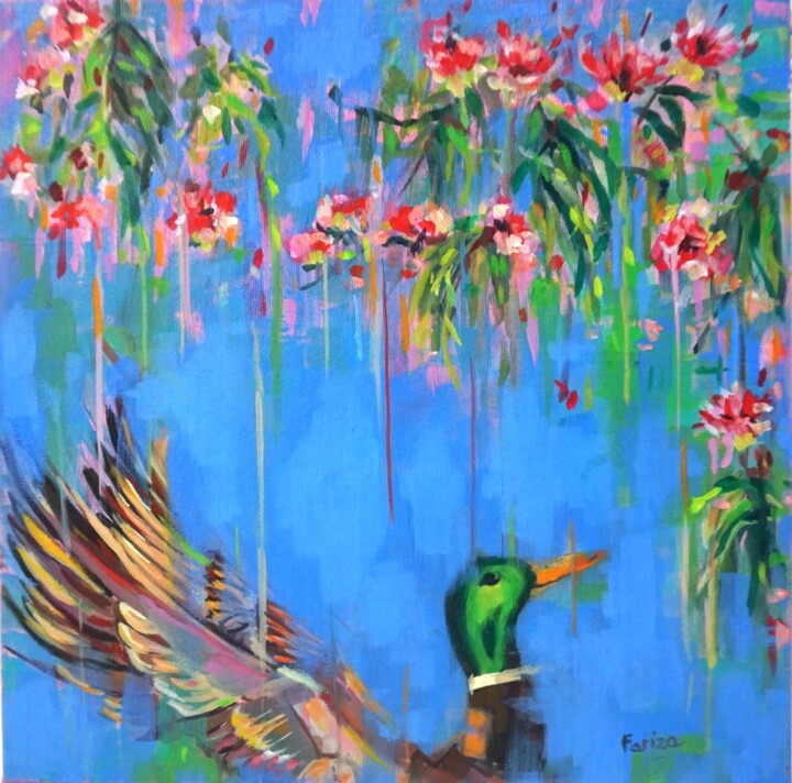 Pato y flores 绘画, 15.8x15.8 in