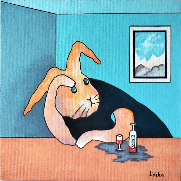 Pintura titulada "Lapin désabusé !" por Jocelyne Deschamps-Kus, Obra de arte original, Acrílico Montado en Otro panel rígido