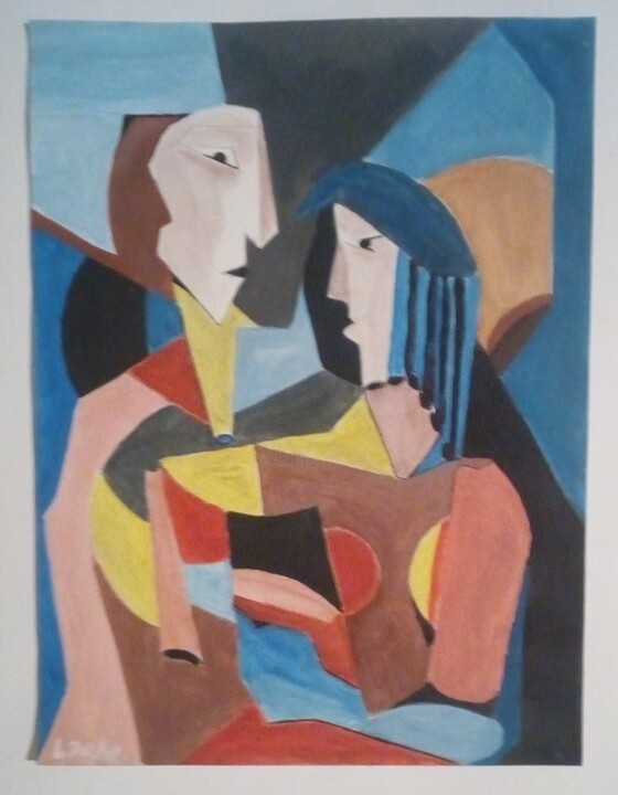 Couple cubiste Schilderij, 12,6x9,5 in