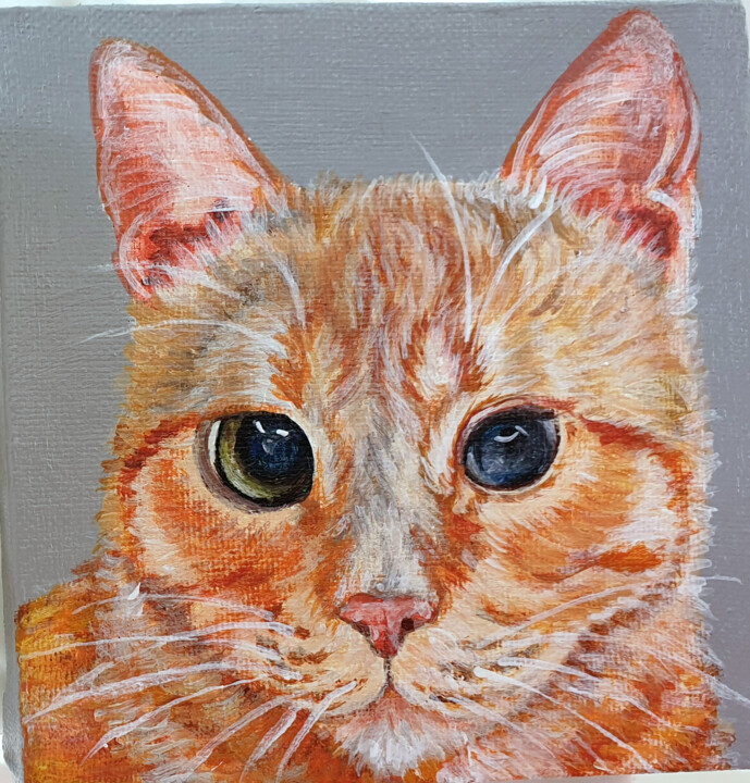 Red cat. Portrait of a cat 绘画, 3.9x3.9 in