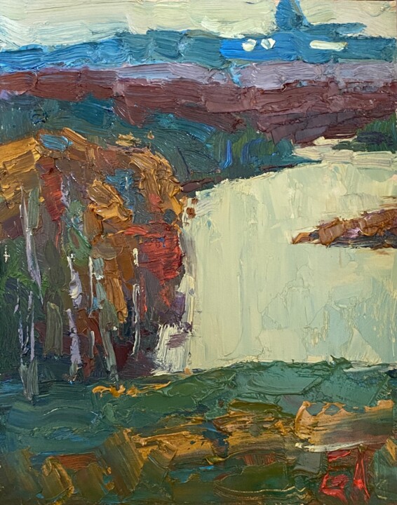 Painting titled "Light River in Elets" by Ann Golub, Original Artwork, Oil Mounted on Cardboard