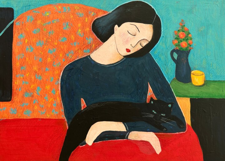 Girl with a Cat 绘画, 11.8x16.5 in