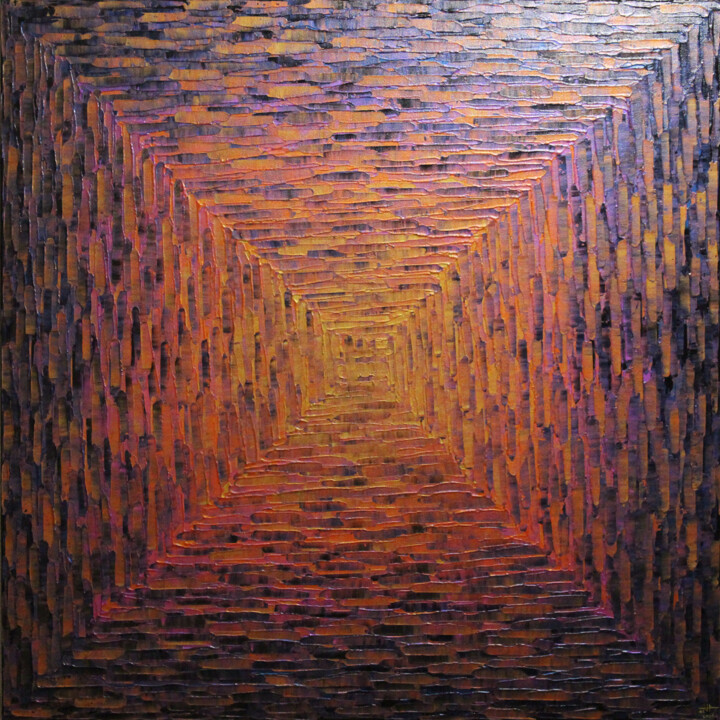 Grand dégradé carré or orange rose irisé. Malarstwo, 31,5x31,5 in