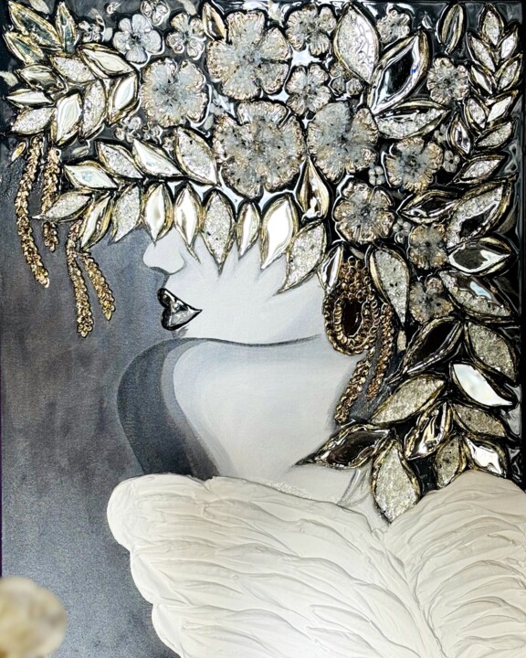 Woman angel with white wings 绘画, 27.6x19.7 in