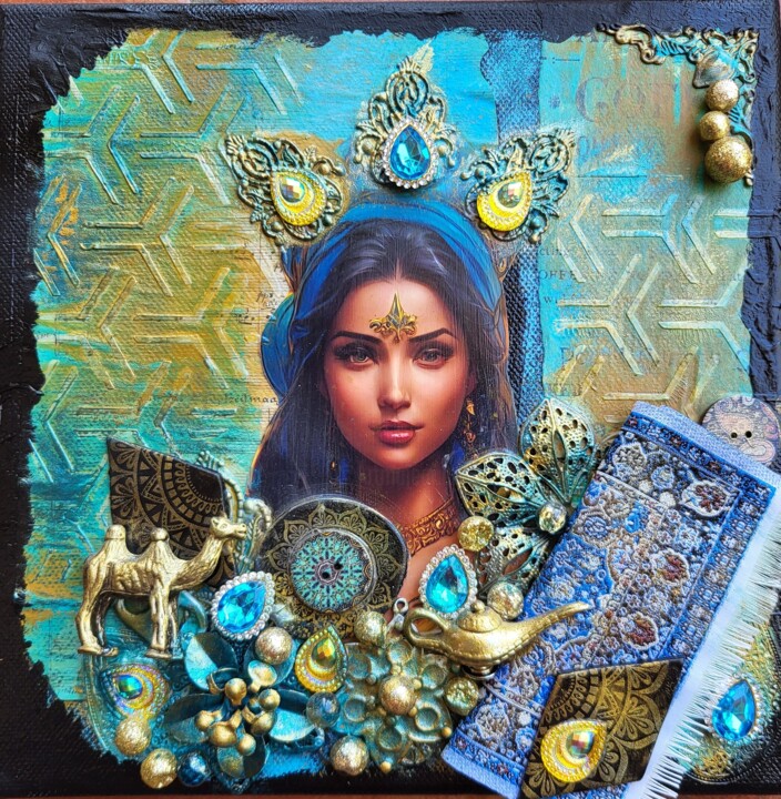 Collages titled "Jasmine" by Delphine Sagot, Original Artwork, Collages Mounted on Wood Stretcher frame