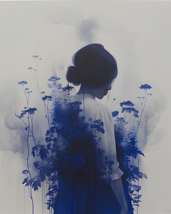 Enveloped in Blue: Woman Amongst Flowers and Smoke 数字艺术