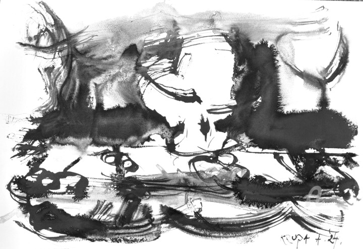 An island with trees above the Kupa river waterfall 绘画, 15x22.1 in