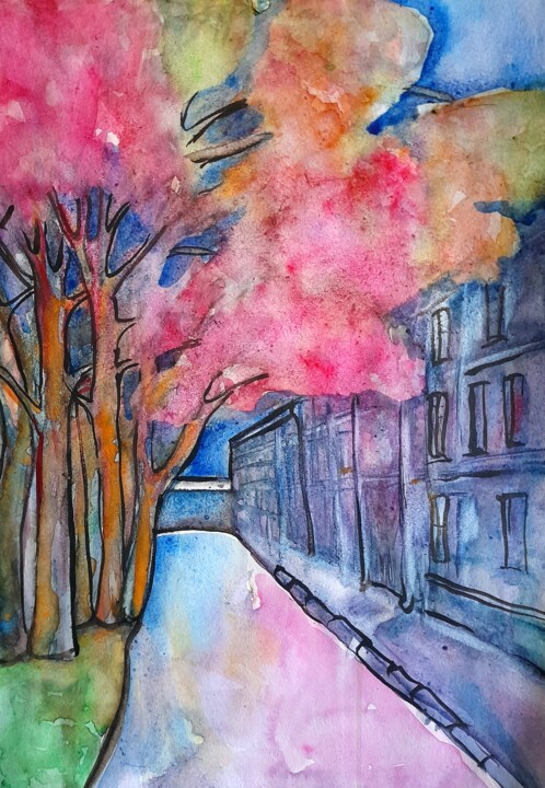autumn city at night 绘画, 16.5x11.7 in