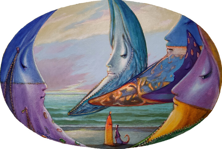 Pittura intitolato "THE MOONS OF THE TI…" da Carlo Salomoni, Opera d'arte originale, Acrilico Montato su Altro pannello rigi…