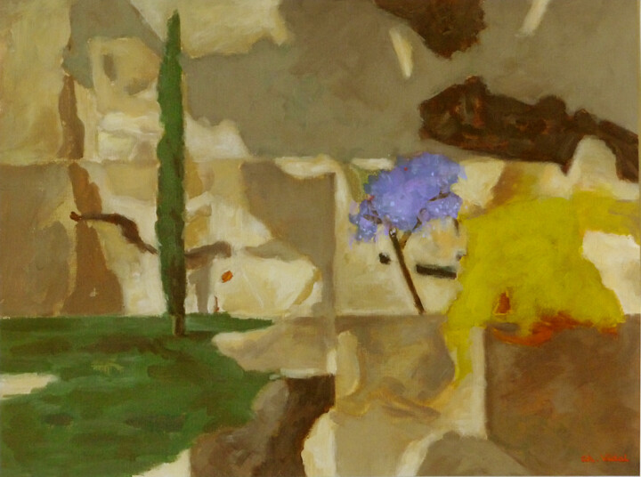 Paysage avec cyprès et jacaranda Painting, 13x17.7 in