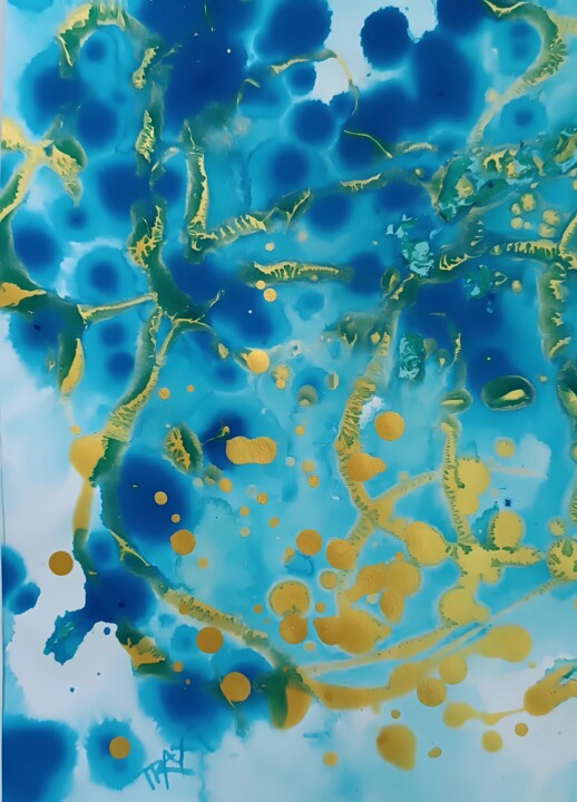 Printmaking titled "Abstract Flow: Cyan…" by Diana Dimova - Traxi, Original Artwork, Acrylic