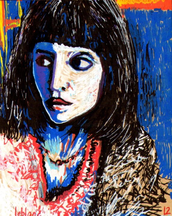 Tekening getiteld "Portrait, femme" door Dominique Leblanc, Origineel Kunstwerk, Marker