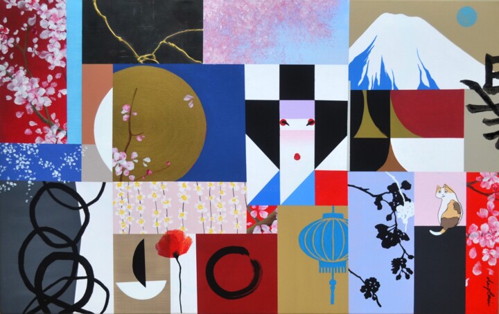 Painting titled ""Un Printemps Sakur…" by Sophie Duplain, Original Artwork, Acrylic Mounted on Wood Stretcher frame