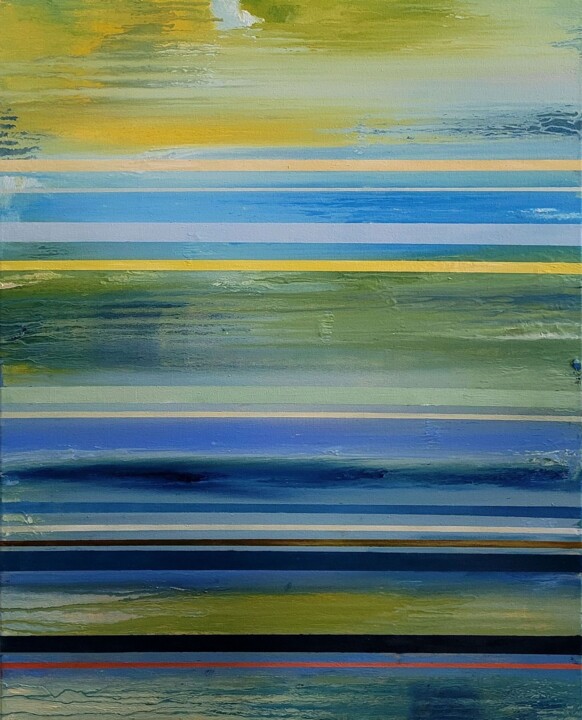 Painting titled "Vert bleu" by Pascal Buffard, Original Artwork, Oil Mounted on Wood Stretcher frame