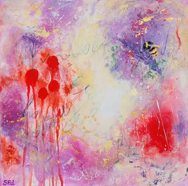 Malerei mit dem Titel "Bumble bee on laven…" von Sylvia Eder, Original-Kunstwerk, Acryl Auf Keilrahmen aus Holz montiert
