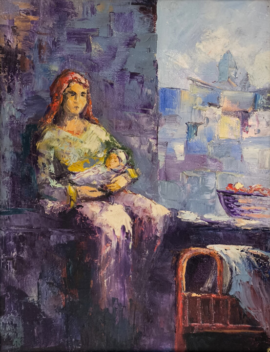 Schilderij getiteld "A Mother's Embrace" door Arto Mkrtchyan, Origineel Kunstwerk, Olie Gemonteerd op Frame voor houten bran…