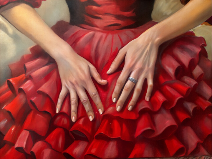Woman's hands adorned with ring resting on red ruffled flame 数字艺术