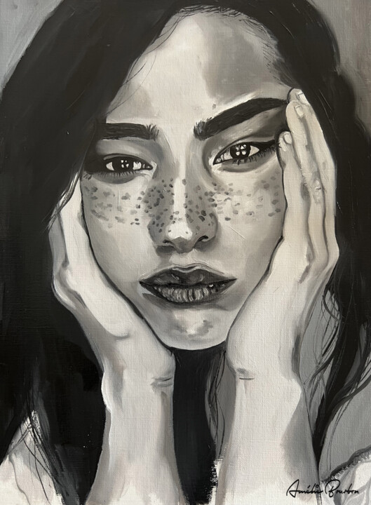 Painting titled "PORTRAIT NOIR ET BL…" by Amélie Bourbon, Original Artwork, Oil
