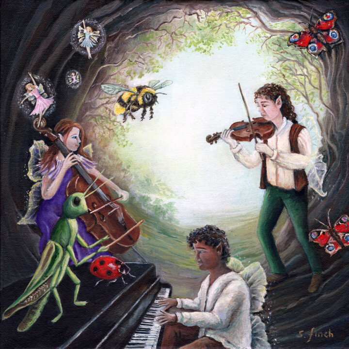 Summer Solstice Fairy Concert Painting, 11.8x11.8 in