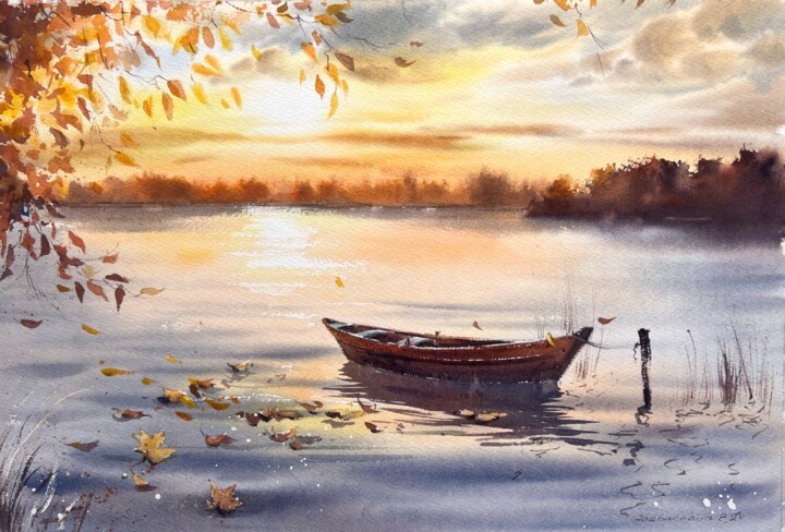 Autumn Sunset Boat 绘画, 12x18.3 in