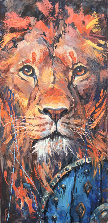 Peinture à l'huile de portrait de lion réaliste 绘画, 31.5x15.8 in