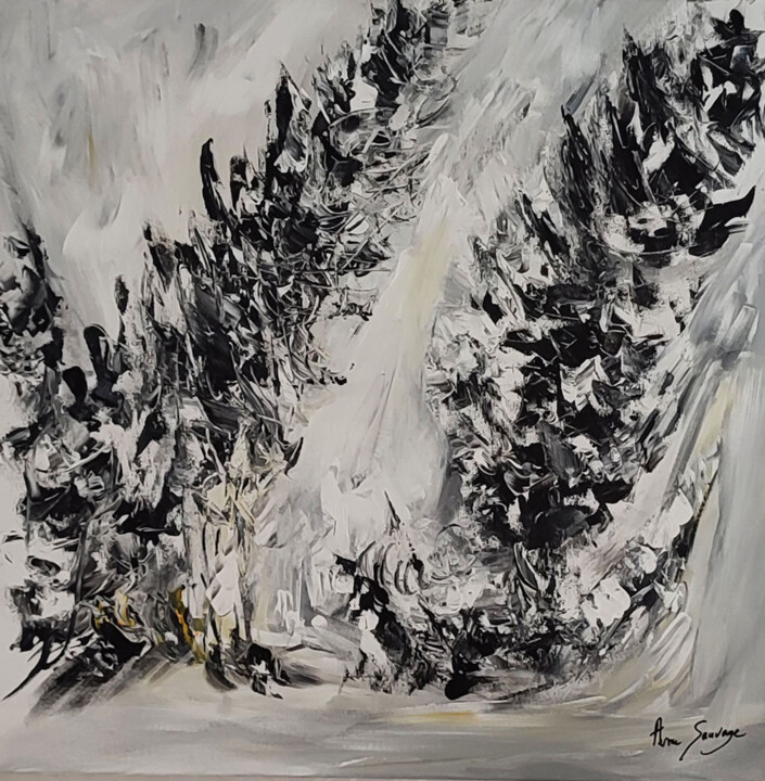 Un spectacle incroyable - tableau abstrait gris noir blanc 绘画, 19.7x19.7 in