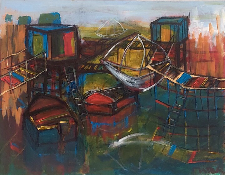 Painting titled "Old carrelets befor…" by Mentor Llunji, Original Artwork, Acrylic Mounted on Wood Stretcher frame